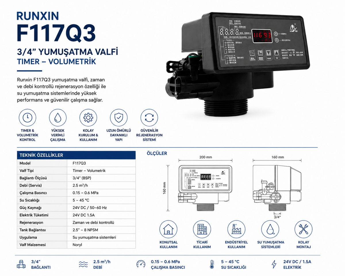 Runxin F117Q3 Yumuşatma Valfi 3/4" Timer Volumetrik