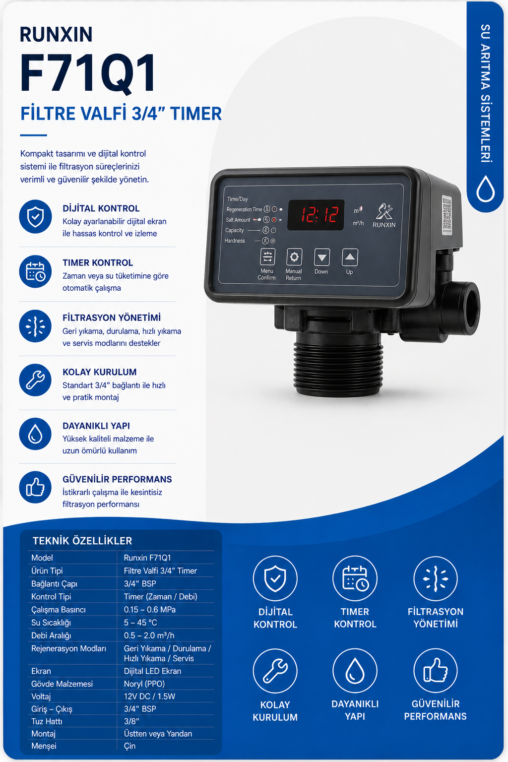 Runxin F71Q1 Filtre Valfi 3/4" Timer