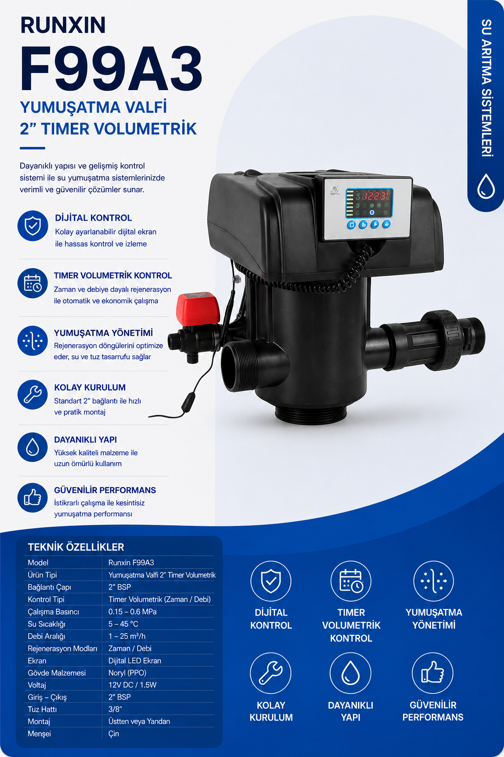 Runxin F99A3 Yumuşatma Valfi 2" Timer Volumetrik