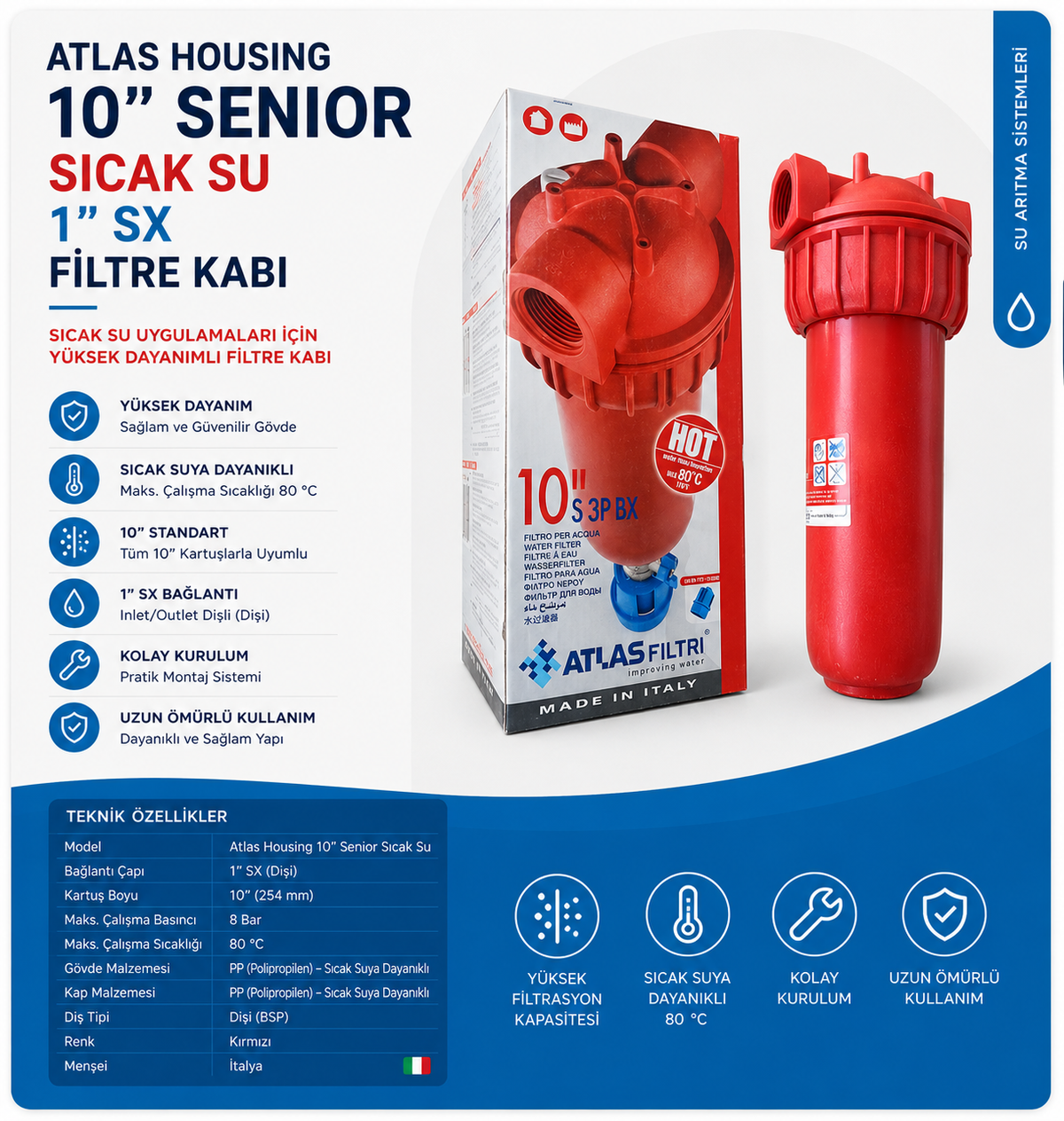 Atlas Housing 10" Senior Sıcak Su 1" Sx Filtre Kabı