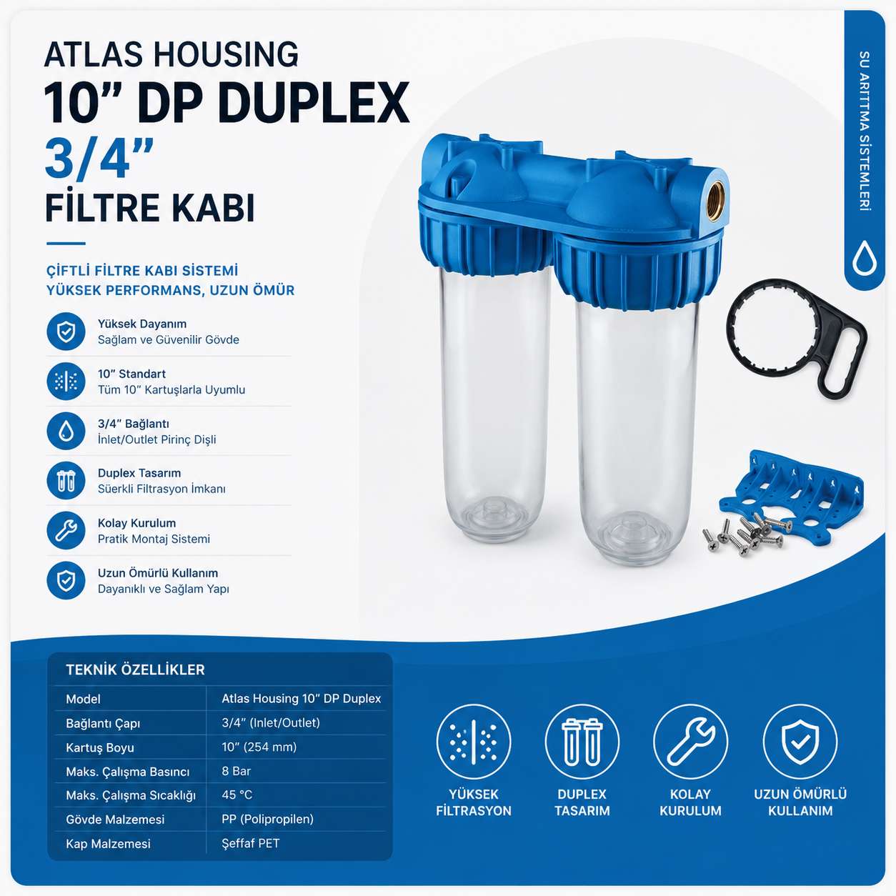Atlas Housing 10” DP Duplex 1'' Filtre Kabı
