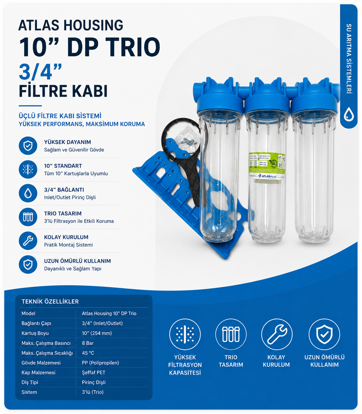 Atlas Housing 10" 3P Trio 3/4" Filtre Kabı