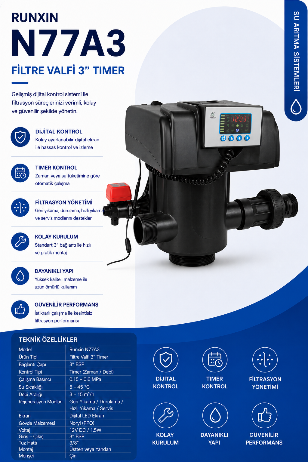 Runxin N77A3 Yumuşatma Valfi 2" Timer Volumetrik