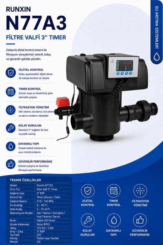 Runxin N77A3 Yumuşatma Valfi 2" Timer Volumetrik