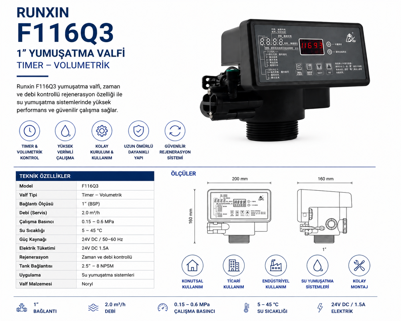 Runxin F116Q3 Yumuşatma Valfi 1" Timer Volumetrik