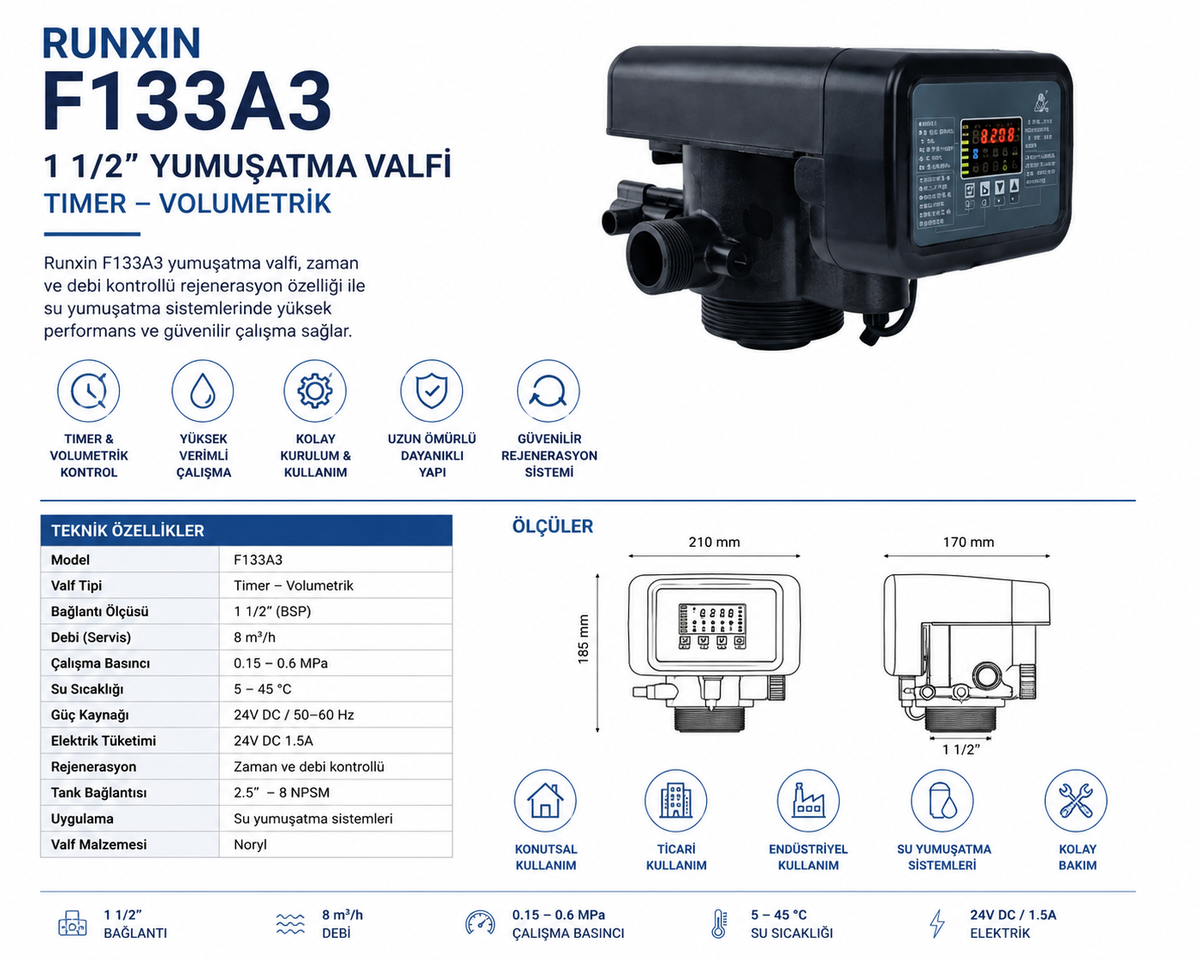 Runxin F133A3 Yumuşatma Valfi 1 1/2" Timer Volumetrik