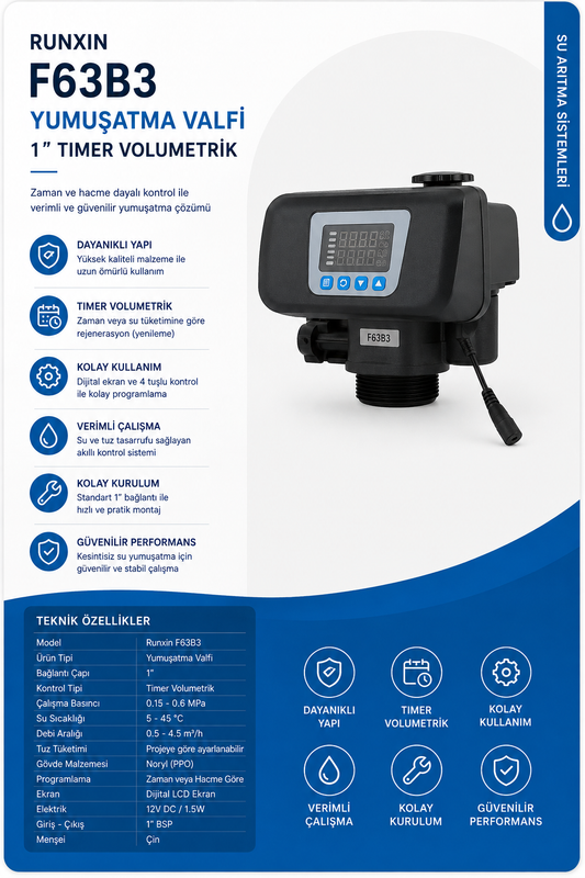 Runxin F63B3 Yumuşatma Valfi 1" Timer Volumetrik