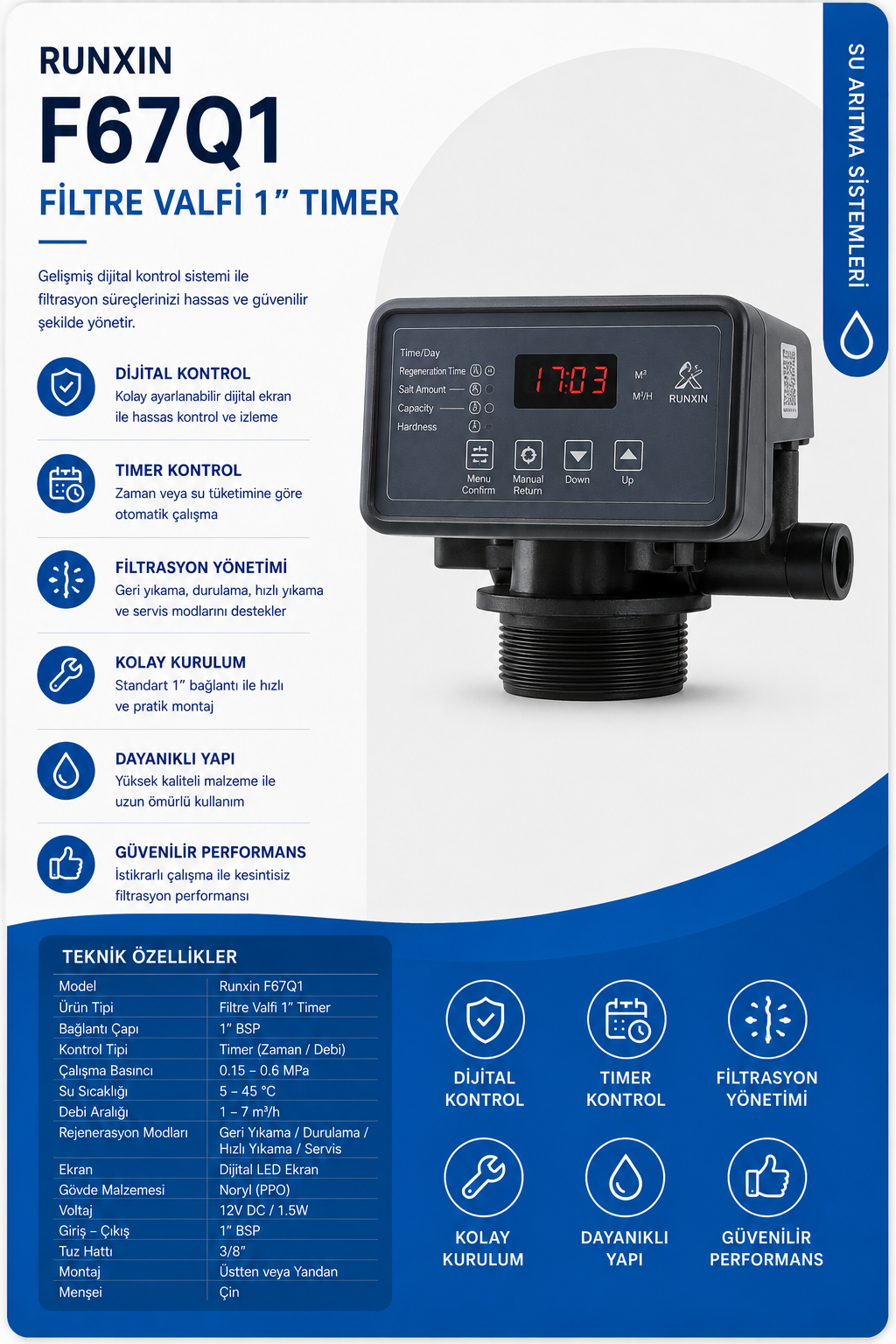 Runxin F67Q1 Filtre Valfi 1" Timer