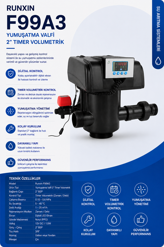 Runxin F99A3 Yumuşatma Valfi 2" Timer Volumetrik