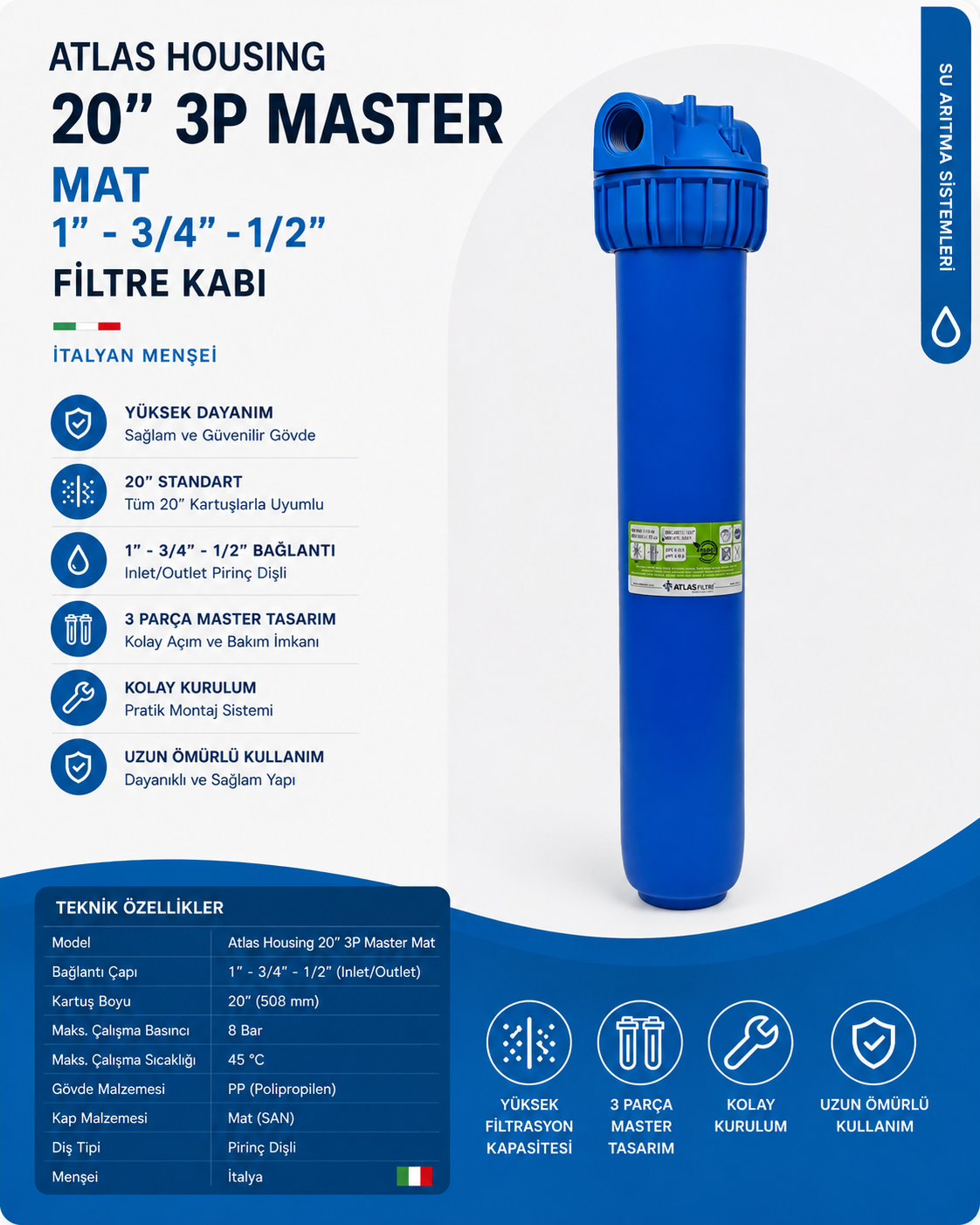 Atlas Housing 20" 3p Master Mat 1/2" Filtre Kabı
