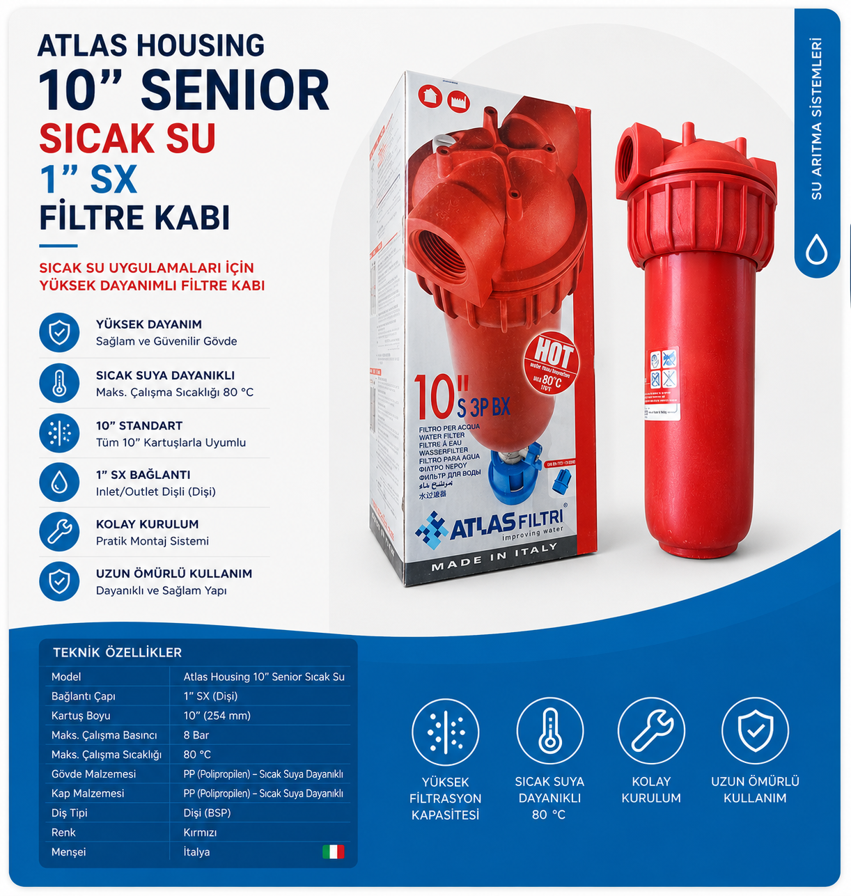 Atlas Housing 10" Senior Sıcak Su 1" Sx Filtre Kabı